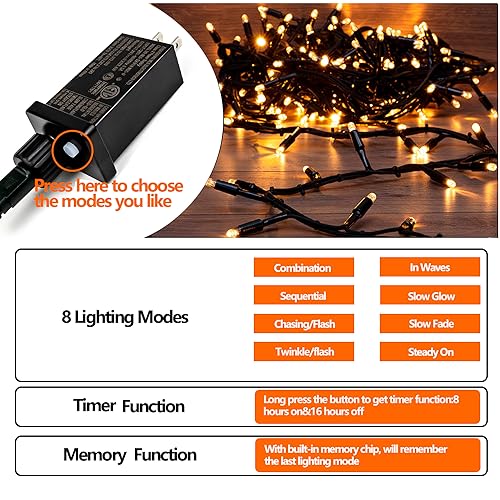 Upgraded 82FT 200 LED Christmas String Lights Outdoor/Indoor, Timer & Memory Function & 8 Modes, Extendable Green Wire, Waterproof Fairy String Lights for Xmas Tree Holiday Party Garden (Warm White)