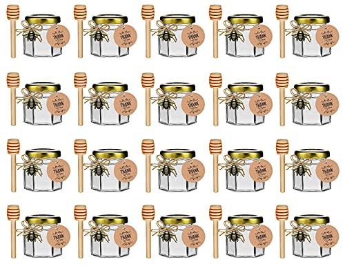 DnayDkiy 20 Pack Glass Honey Jars with Dipper - Gold Lids, Bee Pendants, Jutes, and Thank You Cards - Perfect for Baby Shower Favors, Wedding Favors, Party Favors
