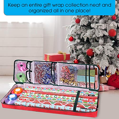 Primode Christmas Wrapping Paper Storage Bag with Pockets | Gift Wrap Organizer Container | 37” x 14” x 4” | Underbed Durable Box Made of 600D Oxford Material (Red)