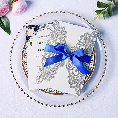 ponatia 20 PCS 5 x 7'' Silver Giltter Laser Cut Wedding Invitations with Envelopes for Wedding Party Bridal Shower Engagement Birthday Sweet 16 Invite - Silver Glitter with Royal Blue Ribbons