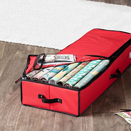 ZOBER Premium Wrap Organizer, Interior Pockets, fits 18-24 Standers Rolls, Underbed Storage, Wrapping Paper Storage Box and Holiday Accessories, 40” Long - Tear-Proof Fabric