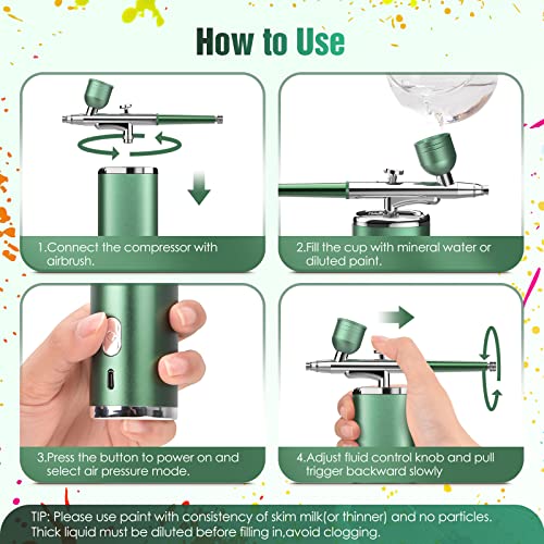 Airbrush Kit for Paint Nails - Cordless Airbrush Kit with Compressor Portable Nail Airbrush Machine 0.3mm Nozzle Rechargeable Air Brush Kit for Model Painting Makeup Barber Tattoo Food Cake Decor