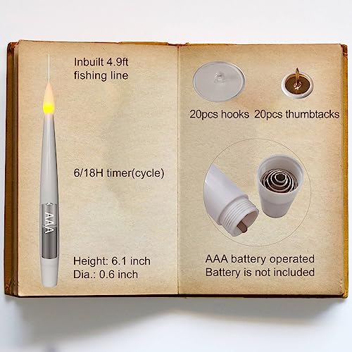 Leejec Floating Candles with Magic Wand Remote (6/18H Timer), Halloween Decorations, 20pcs 6.1" Hanging Flameless Taper Candles, Flickering Warm Light, Christmas, Wedding, Theme Party Decor (White)