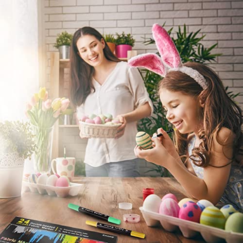 Fabric Markers Pen, Emooqi 24 Colors Fabric Paint Art Marker Set Double-Ended Fabric Markers with Chisel Point and Fine Point Tips, Child Safe & Non-Toxic