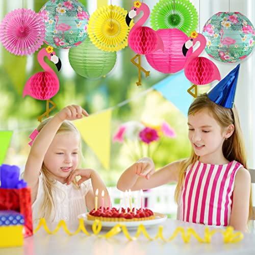 Flamingo Party Decorations, Hawaiian Party Supplies Flamingo Palm Leaves Hibiscus Flowers Paper Lanterns Flamingo Honeycomb Tissue Paper Fans for Luau Birthday Party Home Decorations (Hot Pink)