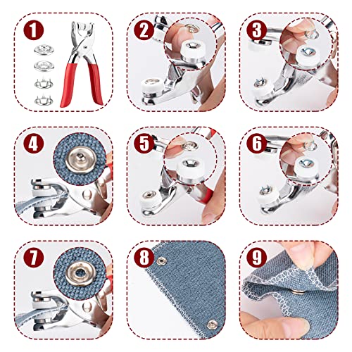 Clatoon 200 Sets Metal Snaps Buttons with Fastener Pliers Press Tool Kit Perfect for DIY Crafts Clothes Hats and Sewing (10 Colors,9.5mm)