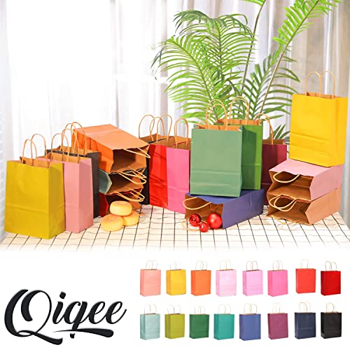 qiqee 32-Packs Paper Bags with Handles Bulk 8.26"×6"×3.15" Small Gift Bags 16 Different Senior Color Bags Multiple Uses（Small Size）