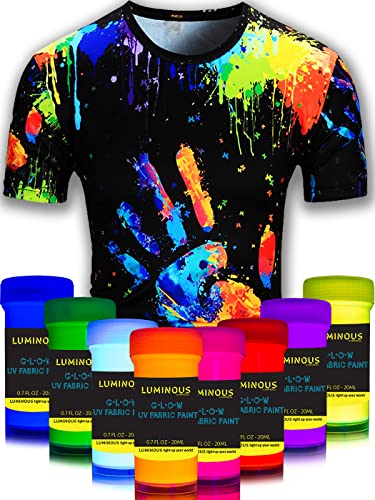 Fabric Paint for Clothes - Set of 8 Neon, 20mL, Black Light Glow in the Dark Paint Colors for Clothes, Textile and Canvas - Gifts for Artists﻿