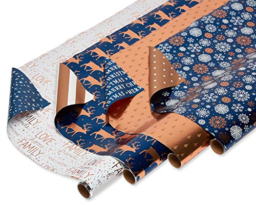 American Greetings 80 sq. ft. Reversible Blue Wrapping Paper Bundle for Christmas, Snowflake, Reindeer, Holiday Test (4 Rolls 30 in. x 8 ft.)
