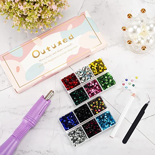 OUTUXED 5400pcs Multicolor Rhinestones 12 Mixed Color Hotfix Rhinestones Flatback Gemstones and Crystals for Halloween Costume Accessories, Crafts with Tweezers and 2 Picking Pens