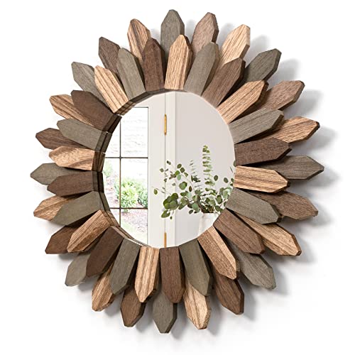 Honiway Boho Wall Decor 12 inch Decorative Mirror for Wall Decor with Rustic Wood Sunburst Framed Boho Bedroom Decor Room Decor Home Decor for Bedroom Living Room Tril Color