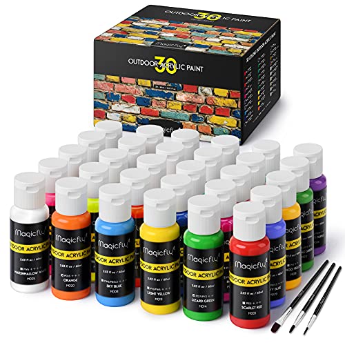 Magicfly Outdoor Acrylic Paint, Set of 30 Colors/Tubes (60 ml, 2 oz.) with Storage Box, Rich Pigments, Multi-Surface Paints for Rock, Wood, Fabric, Leather, Paper, Crafts, Canvas and Wall Painting