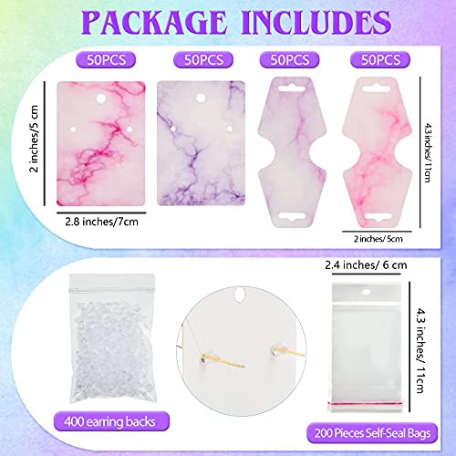 800 Pieces Earring Necklace Card Jewelry Display Earring Holder Cards Set, 200 Pieces Marble Display Card, 200 Pieces Self-Seal Bags, 400 Pieces Earring Backs for Jewelry Display (Purple, Pink)