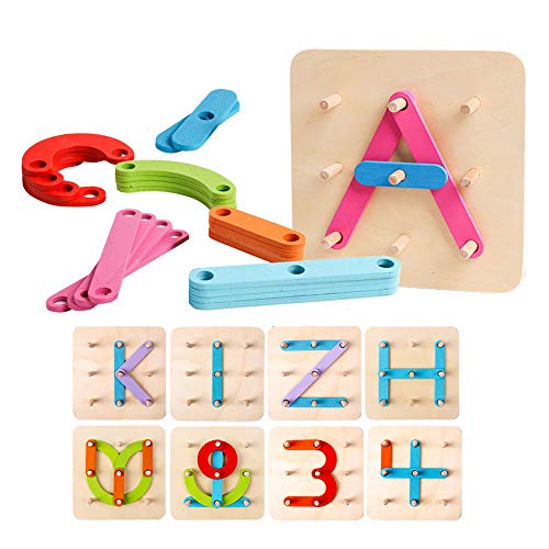 Kizh Wooden Letter and Number Construction Activity Set Educational Preschool Toys Shape Color Recognition Pegboard Sorter Set Board Blocks Stack Sort for Toddler Kids Boys Girls Non-Toxic Toy