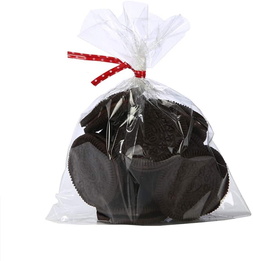 Brandon-super 100 Pcs 8 in x 6 in Clear Flat Cello Cellophane Treat Bags Good for Bakery,Popcorn,Cookies, Candies,Dessert, Birthday 1.4mil.Give Metallic Twist Ties!