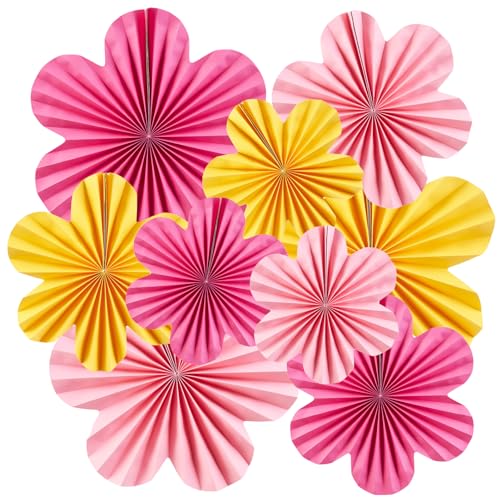 Easy Joy Paper Flowers Decorations for Wall Paper Fans Classroom Decoration Paper Floral Backdrop Decor Paper Fans Decoration Hanging Paper Fans Pink Flower Wall Decor, Set of 9