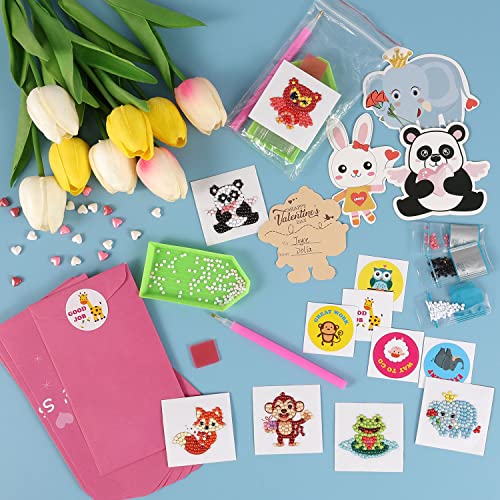Valentines Day Cards for Kids - 28pcs Diamond Painting Kits+ 28pcs Valentines Cards, Kids Valentines Day Cards with 7 Different Gem Stickers for School Classroom Valentine's Gifts Exchange Decorations