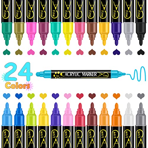 Betem 24 Colors Dual Tip Acrylic Paint Pens Markers, Premium Acrylic Paint Pens for Wood, Canvas, Stone, Rock Painting, Glass, Ceramic Surfaces, DIY Crafts Making Art Supplies