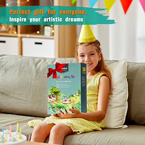 Koseibal Acrylic Paint Set for Kids, Art Painting Supplies Kit with 12 Paints, 5 Canvas Panels, 8 Brushes, Table Easel, Etc, Premium Paint Set for Students, Artists and Beginner.