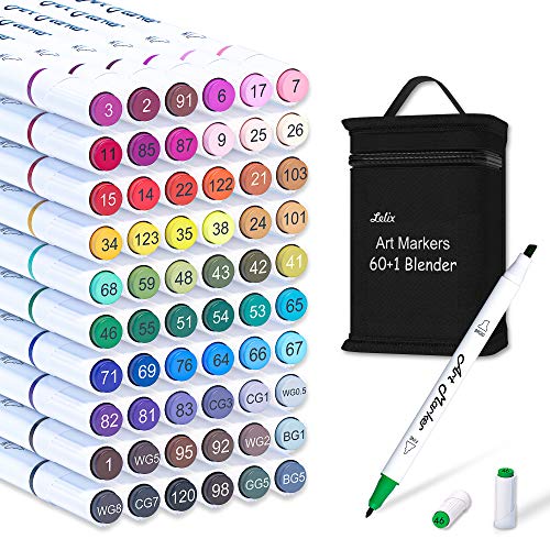 Lelix 61 Colors Alcohol Art Markers, 60 Colors Plus 1 Blender Dual Tip Permanent Marker Pens Highlighters Perfect for Kids Adults Artist Drawing Sketching Card Making & Coloring Books