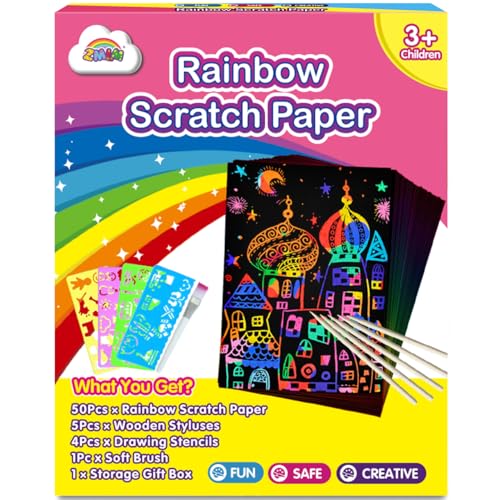 ZMLM Scratch Paper Art Set, 60 Pcs Rainbow Magic Scratch Paper for Kids Black Scratch Off Art Crafts Kits Notes with 5 Wooden Stylus for Girls Boys Toy Halloween Party Game Christmas Birthday Gift