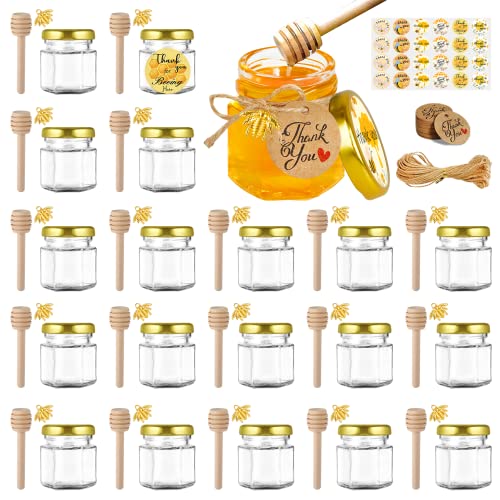 GIVAMEIHF Mini Glass Honey jars-1.5 oz, 20 pcs Hexagon Honey Jars with Wooden Dipper, Gold Lid, Bee Pendant, Rope-12m Mini Honey Jars with Lids, Perfect for Baby Shower, Wedding Favors, Party Favors
