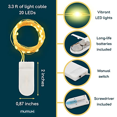 MUMUXI LED Fairy Lights Battery Operated String Lights [20 Pack], 3.3ft 20 Mini Fairy Lights Battery Powered Party Wedding Centerpiece Decorations Crafts Mason Jar Lights Firefly Lights, Warm White