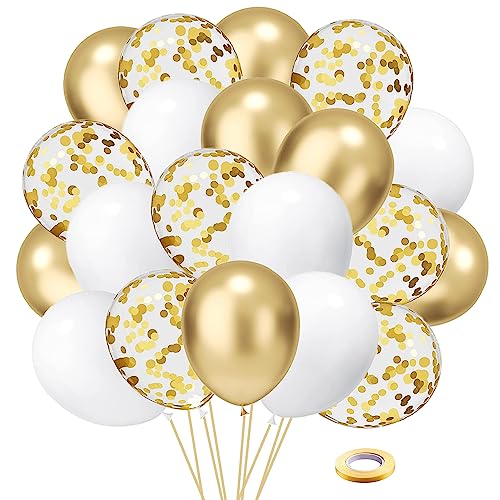 White and Gold Confetti Latex Balloons, 50 Pack 12 inch gold and white Party Balloons with Ribbons for Birthday Graduation Wedding Bridal Shower Party Decoration