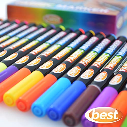 Best Fabric Markers (Pack of 24 Pens) Non-Toxic - Set of 24 Individual Colors - No Duplicates - Bullet Tip - Machine Washable Paint - Perfect for Writing on Clothes, Clothing, Jeans, Pants, and Shirts