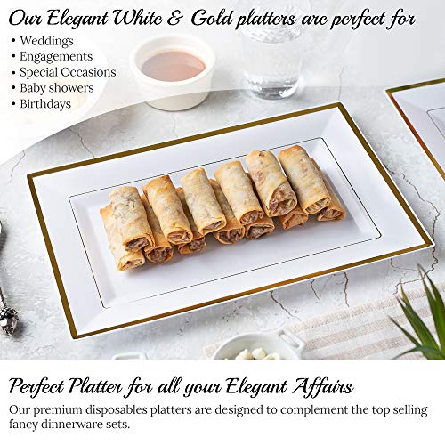 Mint Living - Elegant Plastic Serving Tray & Platter Set (6pk) - White & Gold Rim Disposable Serving Trays & Platters for Food - Weddings, Upscale Parties, Dessert Table, Cupcakes - 8 x 12.85 inches