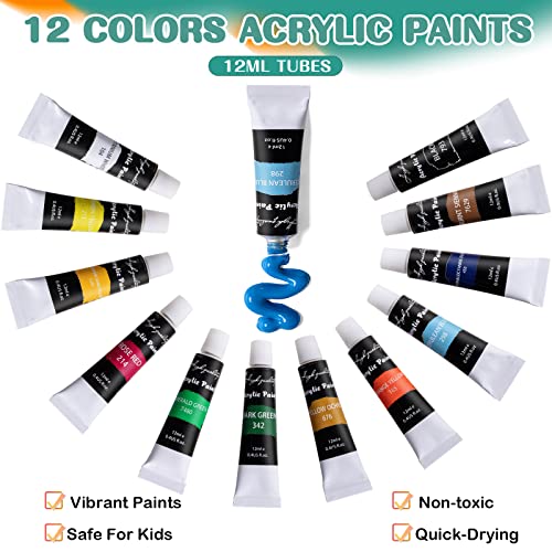 Koseibal Acrylic Paint Set for Kids, Art Painting Supplies Kit with 12 Paints, 5 Canvas Panels, 8 Brushes, Table Easel, Etc, Premium Paint Set for Students, Artists and Beginner.