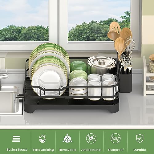 ROTTOGOON Dish Drying Rack, Stainless Steel Rustproof Dish Rack for Kitchen Counter, Durable Dish Drainer with Drainboard, Drainage, Utensil Holder for Various Kitchenware, 16.9"(L) x 12.2"(W), Black