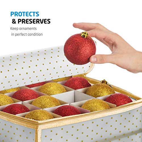 Plastic Christmas Ornament Storage Box with 2 Sided Dual Zipper Closure - Keeps 64 Holiday Ornaments, Xmas Decorations Accessories, 3" Cube Compartments - Sturdy Flexible Plastic (Gold)