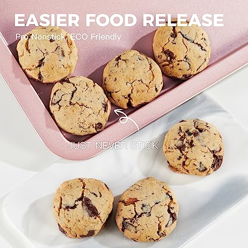 HONGBAKE Baking Sheet Pan Set, Cookie Sheet for Oven, Nonstick Bakeware Sets with Wider Grips, 3 Pack Half/Jelly Roll/Quarter Baking Tray, Premium, Dishwasher Safe-Pink
