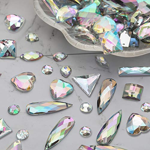 Chuangdi 500 Pieces Sewing Gems Acrylic Sewing Crystal Mixed Shapes Sew On Rhinestones with 2 Holes for Clothes Sewing Beads Decorations (Crystal AB)