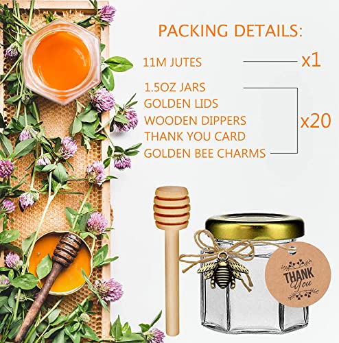 DnayDkiy 20 Pack Glass Honey Jars with Dipper - Gold Lids, Bee Pendants, Jutes, and Thank You Cards - Perfect for Baby Shower Favors, Wedding Favors, Party Favors