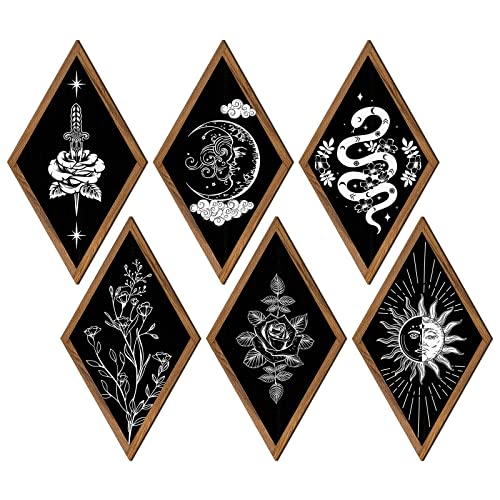 Sintuff 6 Pieces Boho Wall Decor Sun Moon Phases Wall Art Gothic Minimalist Stars Sun Wall Hanging Boho Wooden Home Decor Farmhouse Wall Pediments for Gallery Living Bedroom Room (Rhombus)