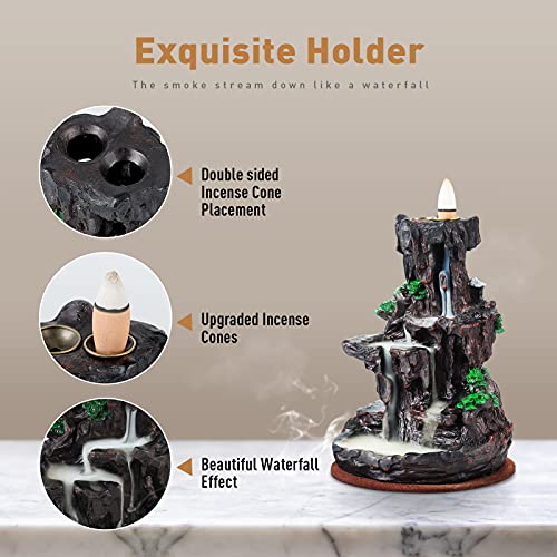 Ronlap Dual Sided Incense Burner, Resin River Tower Backflow Incense Holder, Cool Aromatherapy Incense Fountain Smoke Mountain Waterfall with 120 Upgraded Incense Cones+30 Incense Sticks
