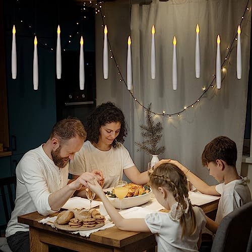 Leejec Floating Candles with Magic Wand Remote (6/18H Timer), Halloween Decorations, 20pcs 6.1" Hanging Flameless Taper Candles, Flickering Warm Light, Christmas, Wedding, Theme Party Decor (White)