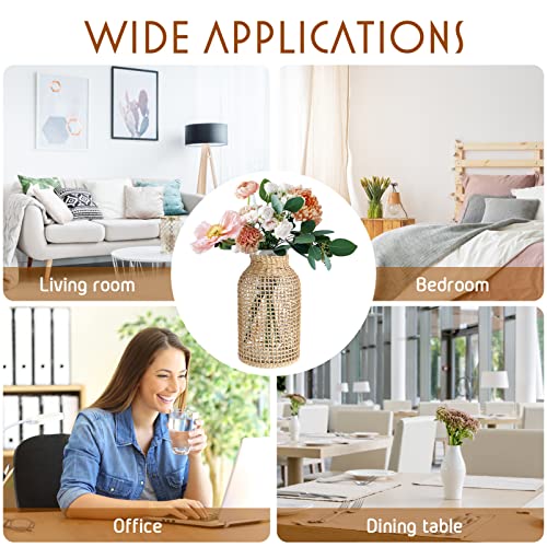 DOITOOL Boho Glass Flower Vase with Rattan Cover, Farmhouse Flower Bud Vase, Round Decorative Flower Vase Floral Container Flower Bottle for Floral Arrangements Housewarming Party Home Decor (L)
