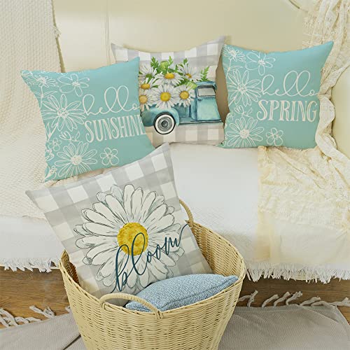 GEEORY Pillow Covers 18x18 Set of 4 Buffalo Plaid Daisy Truck Bloom Hello Sunshine Spring Pillows Decorative Throw Pillows Light Blue Pillowcase Spring Decorations Farmhouse Decor for Couch Sofa