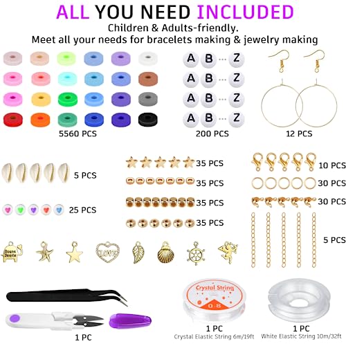 Gionlion 6000 Pcs Clay Beads for Bracelet Making, 24 Colors Flat Round Polymer Clay Beads 6mm Spacer Heishi Beads with Pendant Charms Kit and Elastic Strings for Jewelry Making Kit Bracelets Necklace