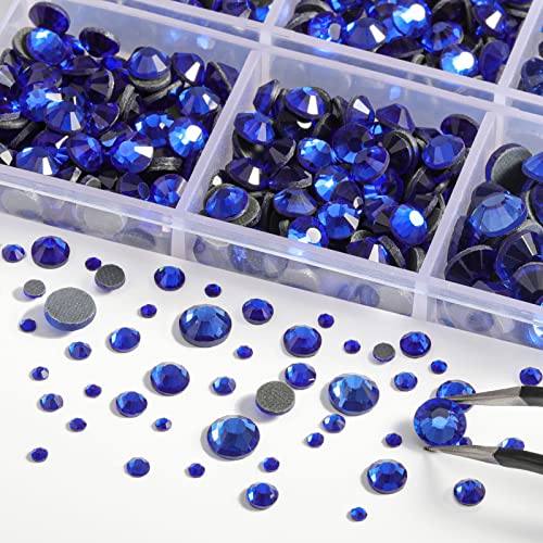 6736pcs Hotfix Rhinestones Flatback,Royal Blue Rhinestones for Crafts Clothes Mixed 5 Sizes, Hotfix Crystals with Tweezers and Wax Pencil Kit, SS6-SS30,Sapphire