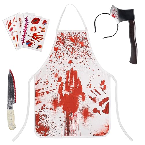 Halloween Bloody Butcher Costumes Set- Waterproof Bloody Apron with Axe Headband Butcher Knife Temporary Tattoos, Terrifying Role Play for Men Halloween Costume Party Carnival Prop Accessories