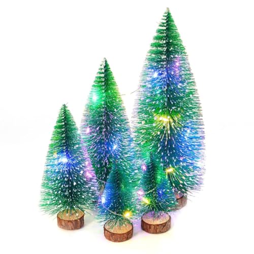 Dream Loom Mini Christmas Tree, 5pcs Artificial Small Tiny Pine Tree with Wooden Bases, Bottle Brush Trees for Xmas Holiday Room Tabletop Decor (Green)