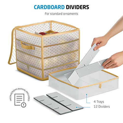 Plastic Christmas Ornament Storage Box with 2 Sided Dual Zipper Closure - Keeps 64 Holiday Ornaments, Xmas Decorations Accessories, 3" Cube Compartments - Sturdy Flexible Plastic (Gold)