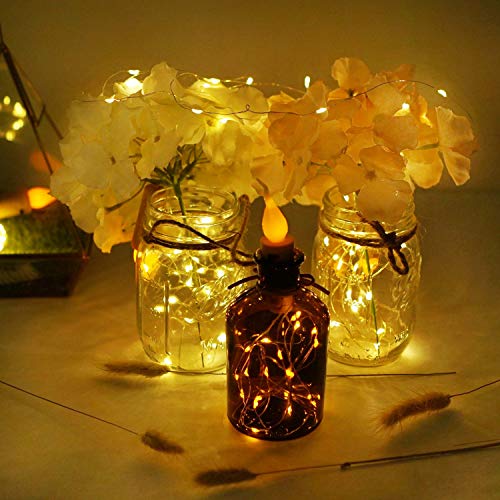 Decorman Wine Bottle Lights with Candle Flame, 10 Pack 20 LED Flameless Cork String Light Battery Operated Copper Wire Mini Fairy Starry Lights for Party Wedding Christmas Halloween