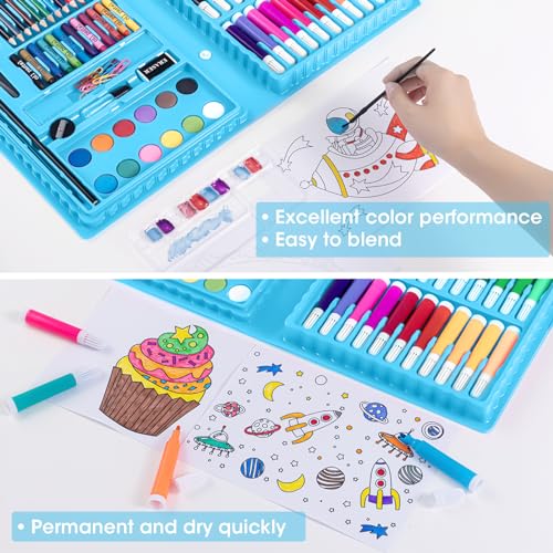 VigorFun Art Kit, Drawing Painting Art Supplies for Kids Girls Boys Teens, Gifts Art Set Case Includes Oil Pastels, Crayons, Colored Pencils, Watercolor Cakes (Blue)