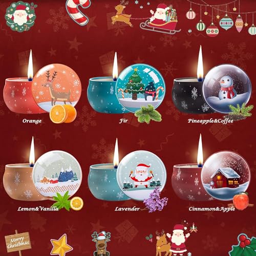 Christmas Scented Candles Gifts for Women, 6 Pack Scented Candles Gift Set, Natural Soy Wax Xmas Aromatherapy Scented Candles, Tin Jar Candles for Stress Relief