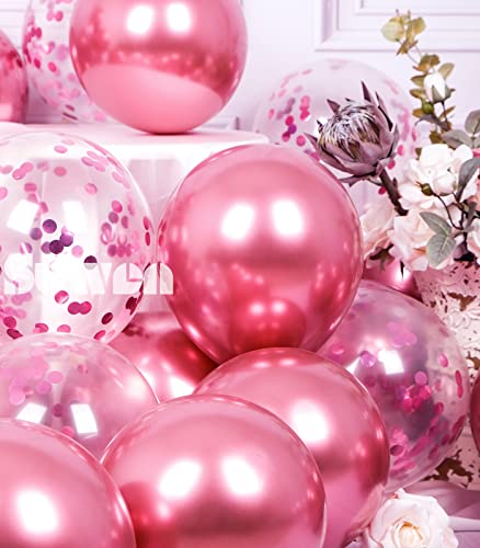 SUWEN Metallic Hot Pink Balloons and Confetti Balloons Set 47PCS Latex Helium Chrome Magenta Balloon for Birthday Graduation Anniversary Party Decorations